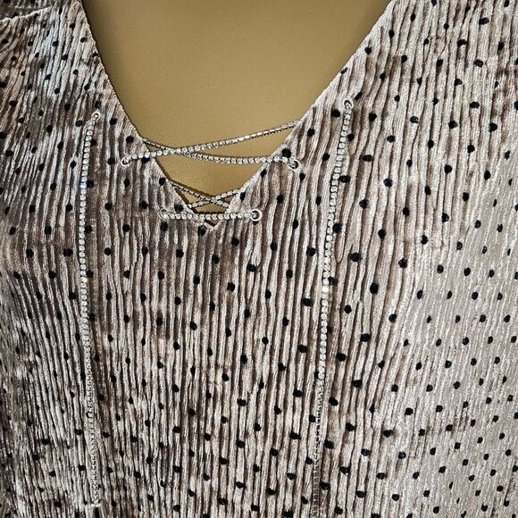 Tan Black Dot Velvet Tunic Womens S Bell Sleeve Cocktail Pleats Crystals Stretch - Picture 2 of 10